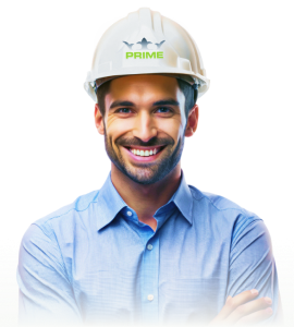 Imagem de um homem de braços cruzados, usando um capacete de segurança branco com o logotipo da Prime Geradores estampado na frente. Ele está vestido com roupas de trabalho, transmitindo uma postura confiante e profissional.